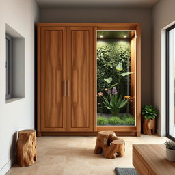 Design for a wall-mounted wooden wardrobe with the following specifications: dimensions of 3 meters in width and 2