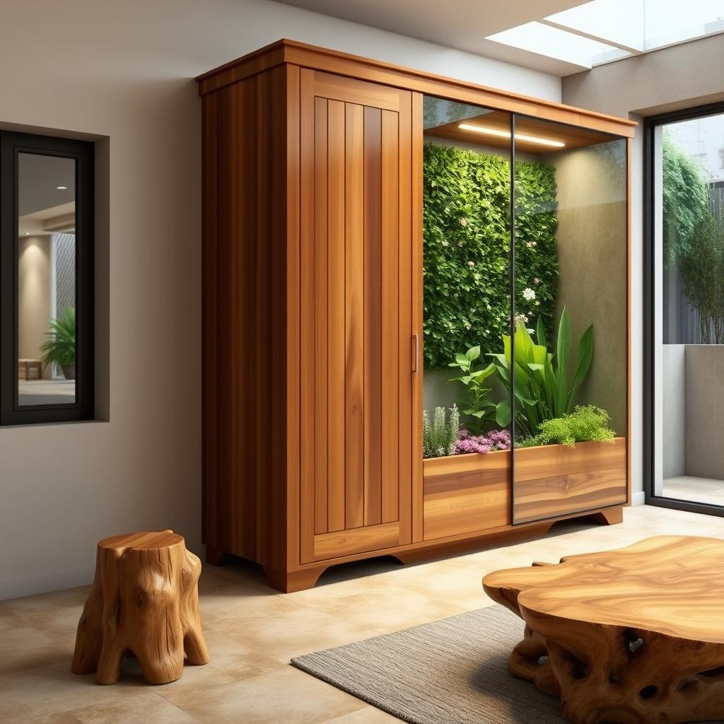 Design for a wall-mounted wooden wardrobe with the following specifications: dimensions of 3 meters in width and 2