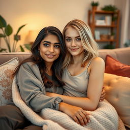 A cute Indian woman and a cute blonde woman cuddling together on a cozy sofa in a warm and inviting living room
