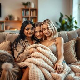 A cute Indian woman and a cute blonde woman cuddling together on a cozy sofa in a warm and inviting living room