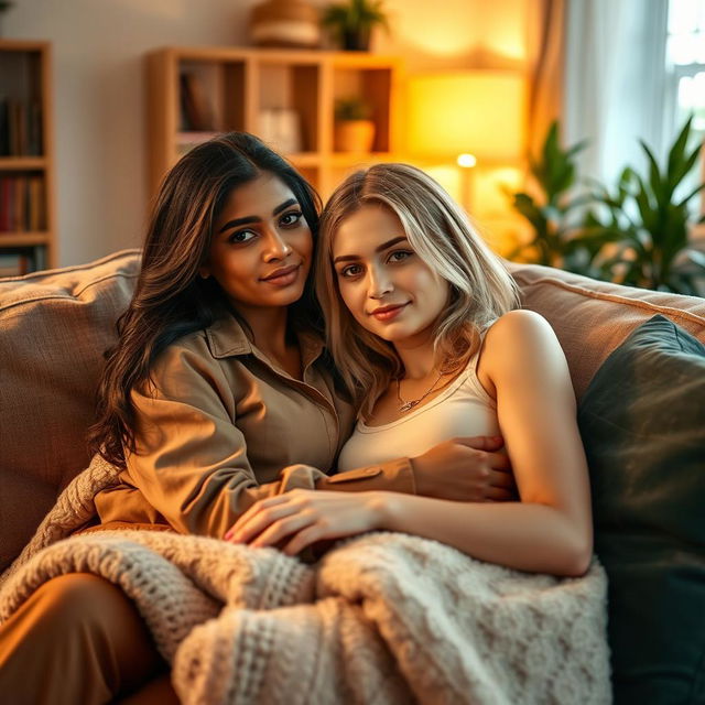 A cute Indian woman and a cute blonde woman cuddling together on a cozy sofa in a warm and inviting living room