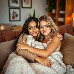 A cute Indian woman and a cute blonde woman cuddling together on a cozy sofa in a warm and inviting living room