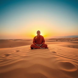 A serene monk dressed in traditional robes, meditating peacefully in a vast desert landscape