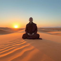 A serene monk dressed in traditional robes, meditating peacefully in a vast desert landscape