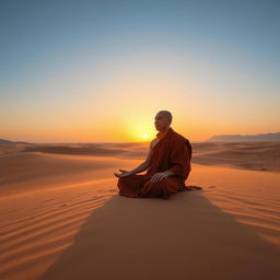 A serene monk dressed in traditional robes, meditating peacefully in a vast desert landscape