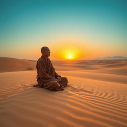 A serene monk dressed in traditional robes, meditating peacefully in a vast desert landscape