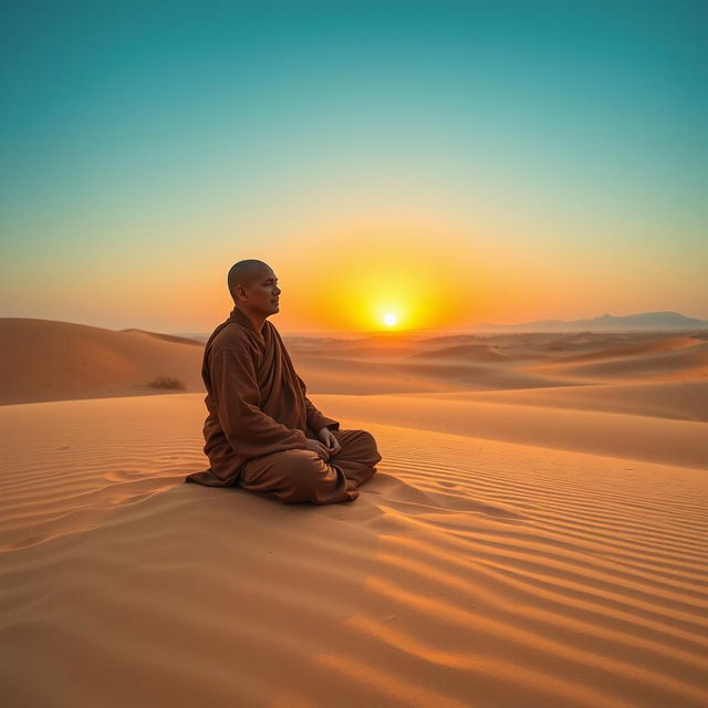 A serene monk dressed in traditional robes, meditating peacefully in a vast desert landscape