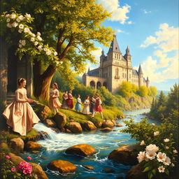 A vibrant Renaissance style painting depicting a beautiful outdoor scene with a flowing river and lush greenery