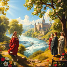 A vibrant Renaissance style painting depicting a beautiful outdoor scene with a flowing river and lush greenery