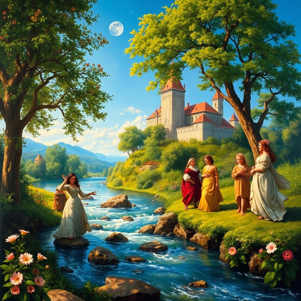 A vibrant Renaissance style painting depicting a beautiful outdoor scene with a flowing river and lush greenery