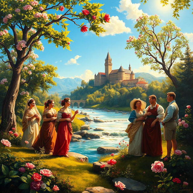 A vibrant Renaissance style painting depicting a beautiful outdoor scene with a flowing river and lush greenery