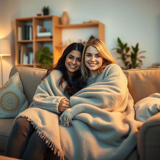 A cute Indian woman and a cute blonde woman cuddling together on a plush couch in a stylish living room