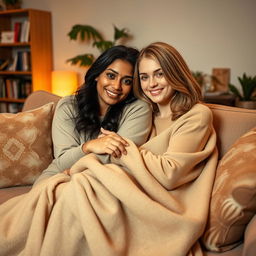 A cute Indian woman and a cute blonde woman cuddling together on a plush couch in a stylish living room