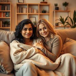 A cute Indian woman and a cute blonde woman cuddling together on a plush couch in a stylish living room