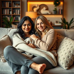 A cute Indian woman and a cute blonde woman cuddling together on a plush couch in a stylish living room