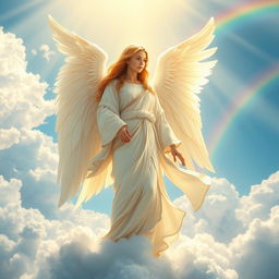A stunningly detailed scene of an angel standing majestically on a cloud, with radiant golden light surrounding them