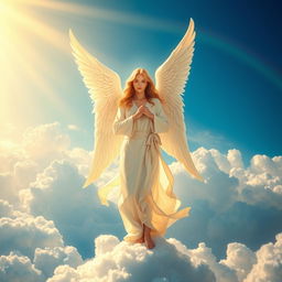 A stunningly detailed scene of an angel standing majestically on a cloud, with radiant golden light surrounding them
