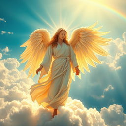 A stunningly detailed scene of an angel standing majestically on a cloud, with radiant golden light surrounding them