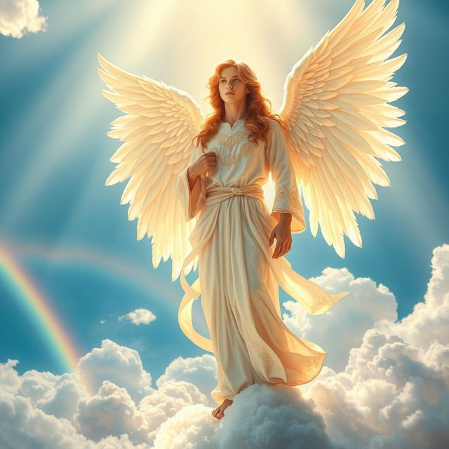 A stunningly detailed scene of an angel standing majestically on a cloud, with radiant golden light surrounding them