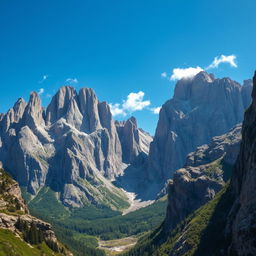 A stunning landscape featuring majestic mountains that retain their original, rugged forms, showcasing detailed textures and natural rock formations