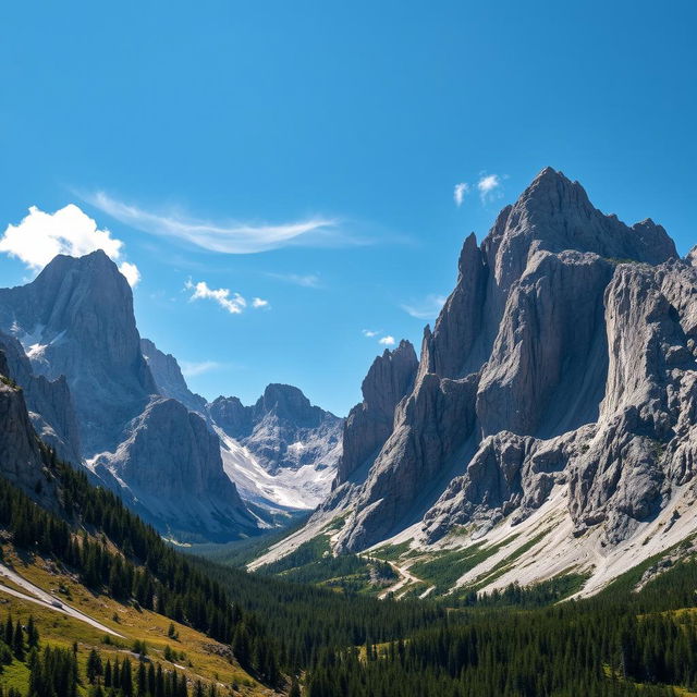 A stunning landscape featuring majestic mountains that retain their original, rugged forms, showcasing detailed textures and natural rock formations