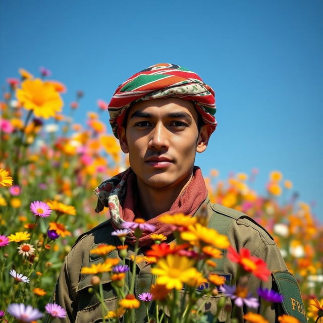 A soldier standing in a vibrant flower field, wearing a colorful keffiyeh headdress