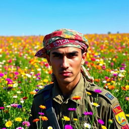 A soldier standing in a vibrant flower field, wearing a colorful keffiyeh headdress