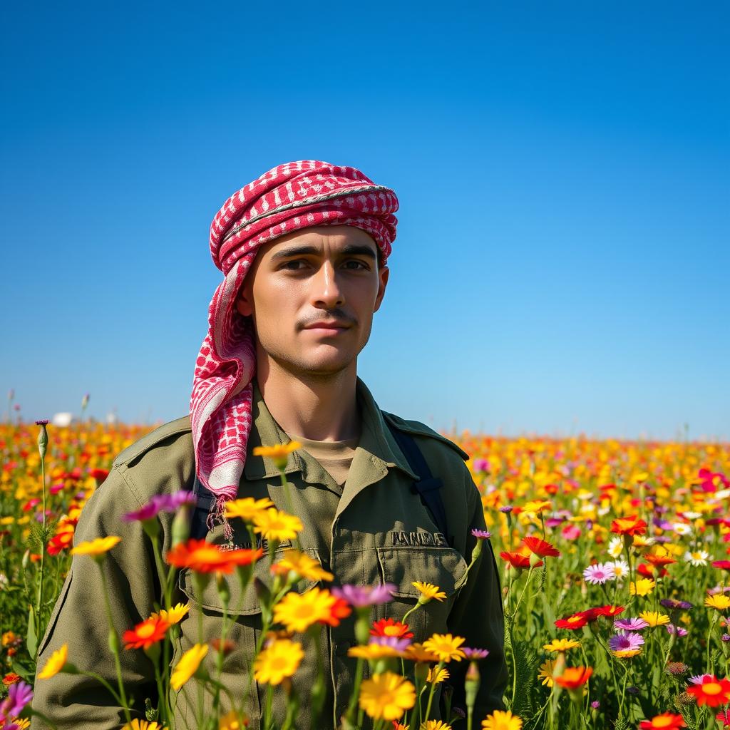 A soldier standing in a vibrant flower field, wearing a colorful keffiyeh headdress