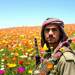 A soldier standing in a vibrant flower field, wearing a colorful keffiyeh headdress