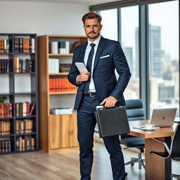 A confident lawyer standing in a stylish office, wearing a tailored navy suit and a crisp white shirt, holding a briefcase in one hand and a legal document in the other