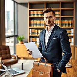 A confident lawyer standing in a stylish office, wearing a tailored navy suit and a crisp white shirt, holding a briefcase in one hand and a legal document in the other