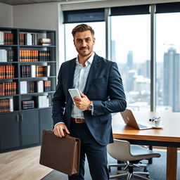A confident lawyer standing in a stylish office, wearing a tailored navy suit and a crisp white shirt, holding a briefcase in one hand and a legal document in the other
