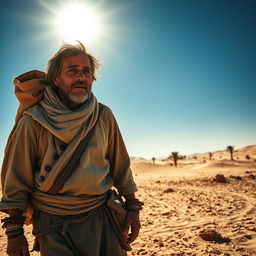 A medieval desert worker, clad in rugged, weathered clothing typical of the period