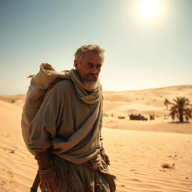 A medieval desert worker, clad in rugged, weathered clothing typical of the period