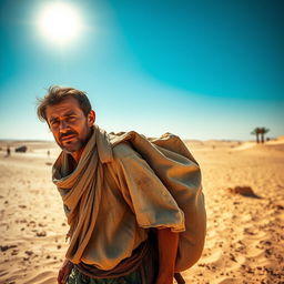 A medieval desert worker, clad in rugged, weathered clothing typical of the period