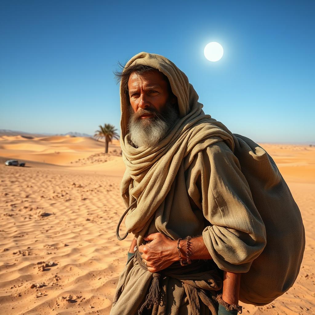 A medieval desert worker, clad in rugged, weathered clothing typical of the period