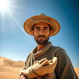 A medieval desert worker looking directly into the camera, wearing rugged, weathered clothing typical of the time, complete with a wide-brimmed hat to shield from the sun