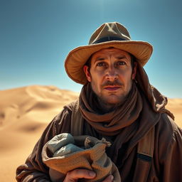 A medieval desert worker looking directly into the camera, wearing rugged, weathered clothing typical of the time, complete with a wide-brimmed hat to shield from the sun