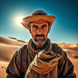 A medieval desert worker looking directly into the camera, wearing rugged, weathered clothing typical of the time, complete with a wide-brimmed hat to shield from the sun