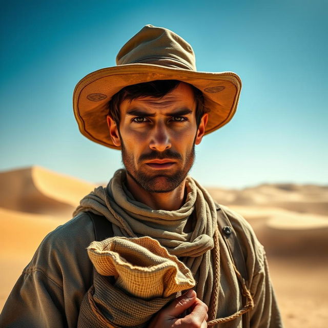 A medieval desert worker looking directly into the camera, wearing rugged, weathered clothing typical of the time, complete with a wide-brimmed hat to shield from the sun