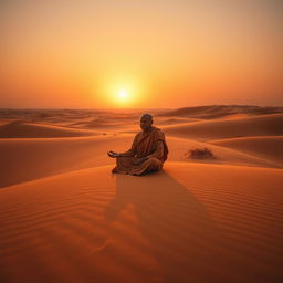 A serene monk dressed in flowing, traditional robes, meditating peacefully in an expansive desert landscape