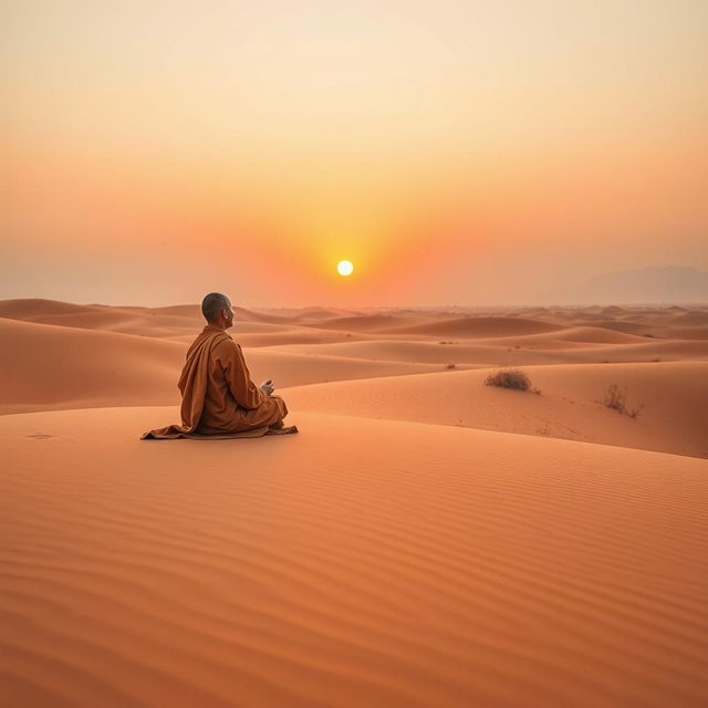 A serene monk dressed in flowing, traditional robes, meditating peacefully in an expansive desert landscape