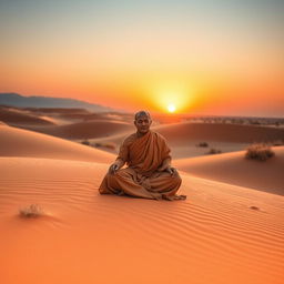 A serene monk dressed in flowing, traditional robes, meditating peacefully in an expansive desert landscape