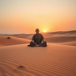 A serene monk dressed in flowing, traditional robes, meditating peacefully in an expansive desert landscape