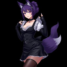 A sexy gothic semi-realistic anime kitsune girl maid, featuring gothic makeup and shoulder-length purple hair styled in a bun