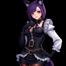A sexy gothic semi-realistic anime kitsune girl maid, featuring gothic makeup and shoulder-length purple hair styled in a bun