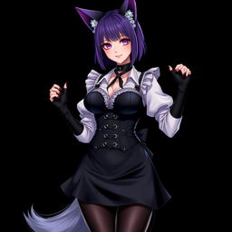 A sexy gothic semi-realistic anime kitsune girl maid, featuring gothic makeup and shoulder-length purple hair styled in a bun