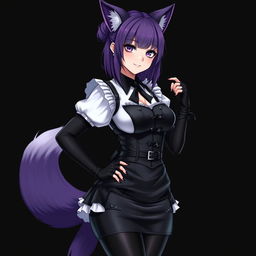 A sexy gothic semi-realistic anime kitsune girl maid, featuring gothic makeup and shoulder-length purple hair styled in a bun