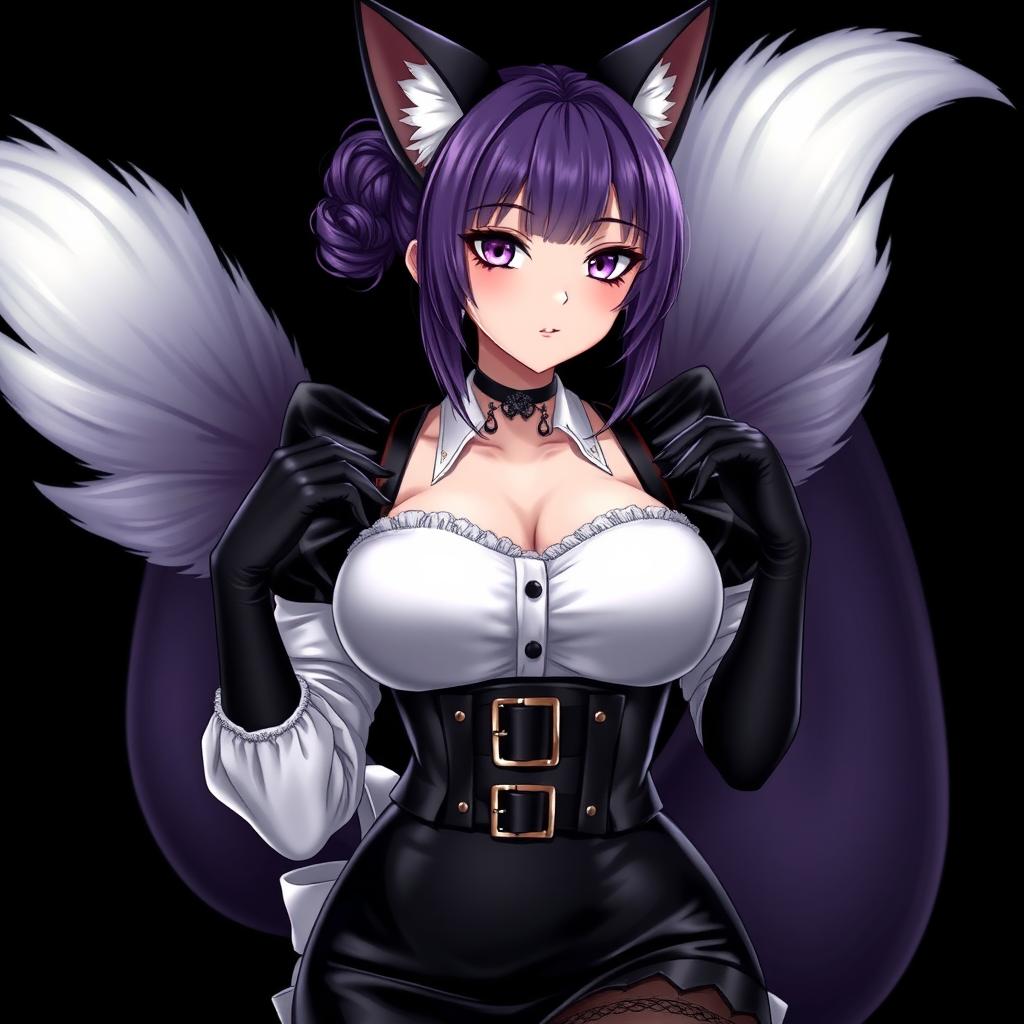 A sexy gothic semi-realistic anime kitsune girl maid, showcasing gothic makeup and shoulder-length purple hair styled in a bun