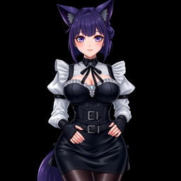 A sexy gothic semi-realistic anime kitsune girl maid, showcasing gothic makeup and shoulder-length purple hair styled in a bun